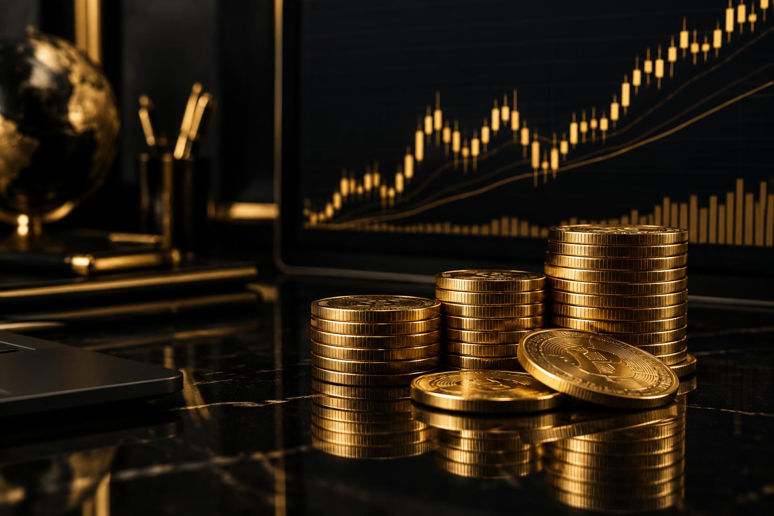 Gold coins at a financial trading workstation